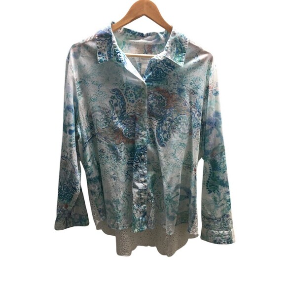 Chico's Top Women's Size 16 Large Blue Paisley 100% Cotton Button Up - Picture 1 of 6